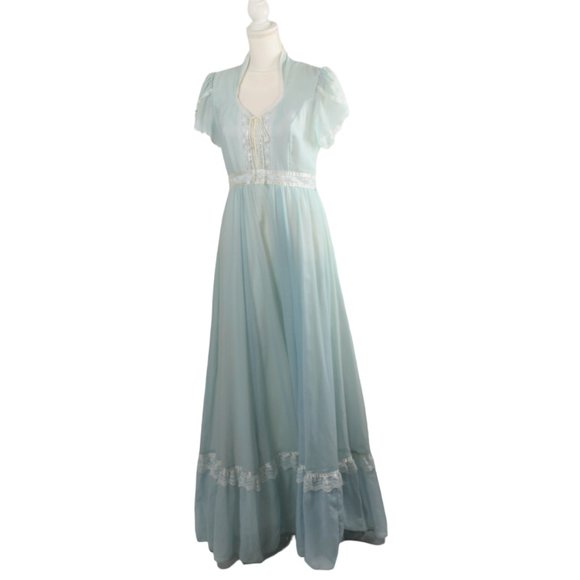 (EUC) Vintage Gunne Sax Jessica Icy Blue White & Lace Accent Prairie Maxi, SZ 13 - Picture 4 of 10